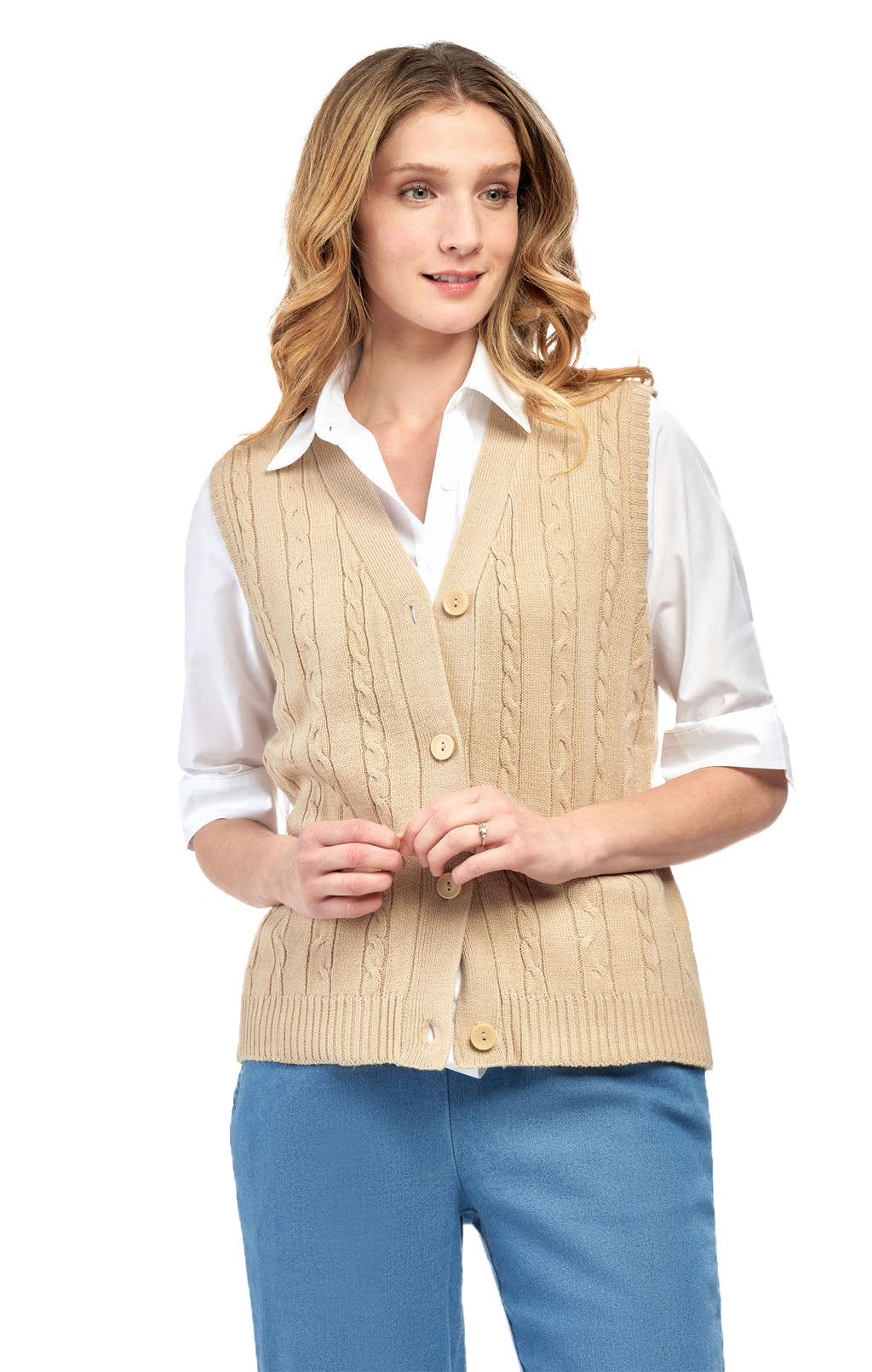 Women's Cable Knit Button-Front Sweater Vest
