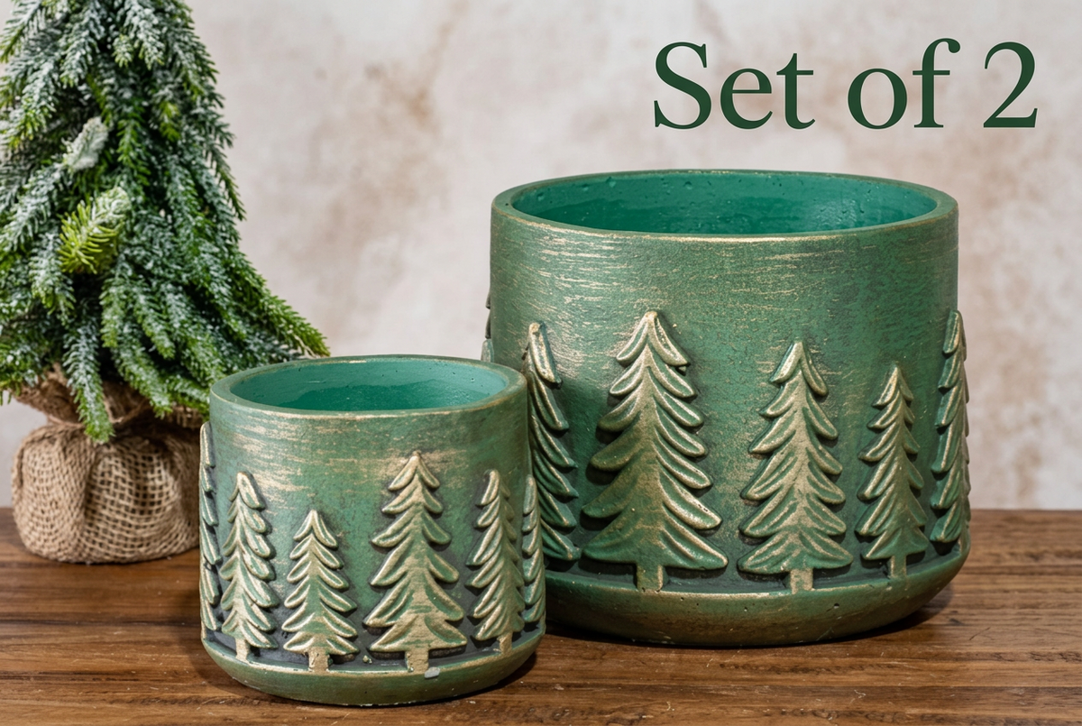Green Christmas Tree Cement Planters – Set of 2