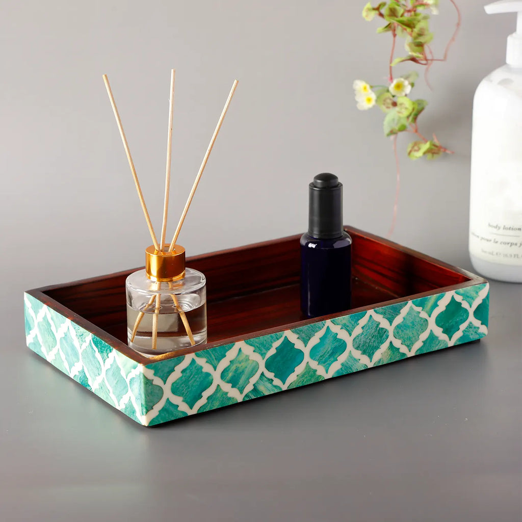 Green & White Moroccan Bone Inlay Vanity Tray | 10x6