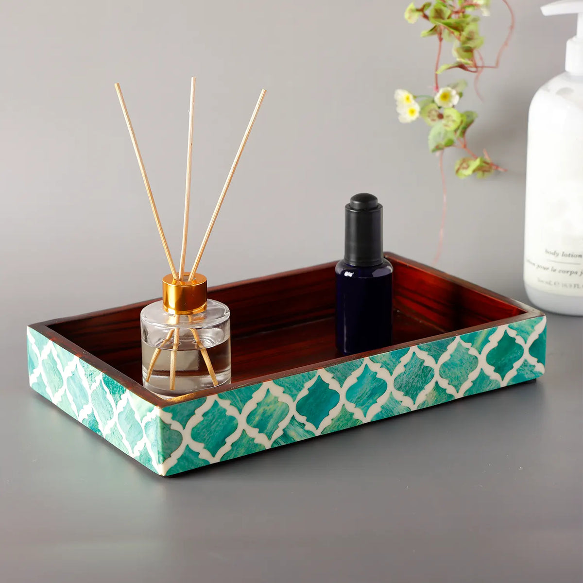 Green & White Moroccan Bone Inlay Vanity Tray | 10x6