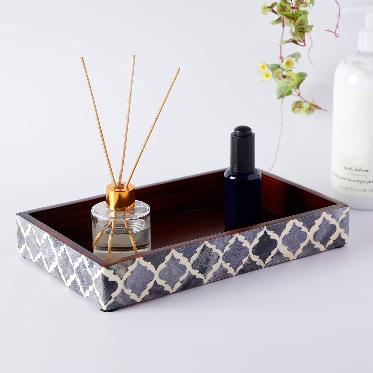 Grey & White Moroccan Bone Inlay Vanity Tray | 10x6