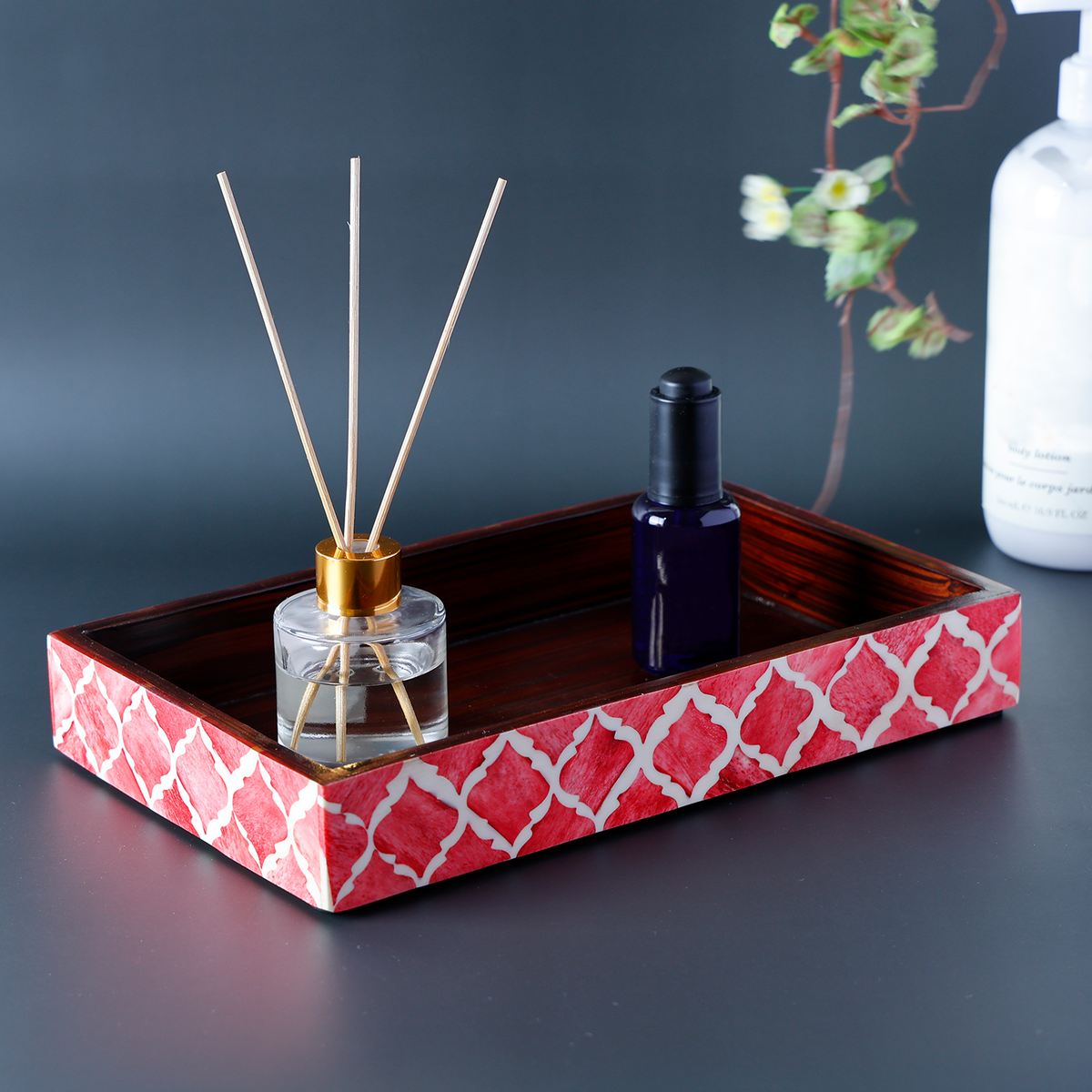 Moroccan Lattice Red & White Bone Inlay Vanity Tray | 10x6