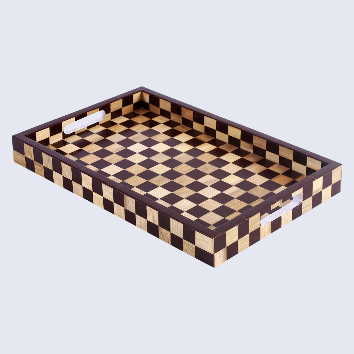 Brown Checkered Wood & Resin Decorative Tray | 17x11