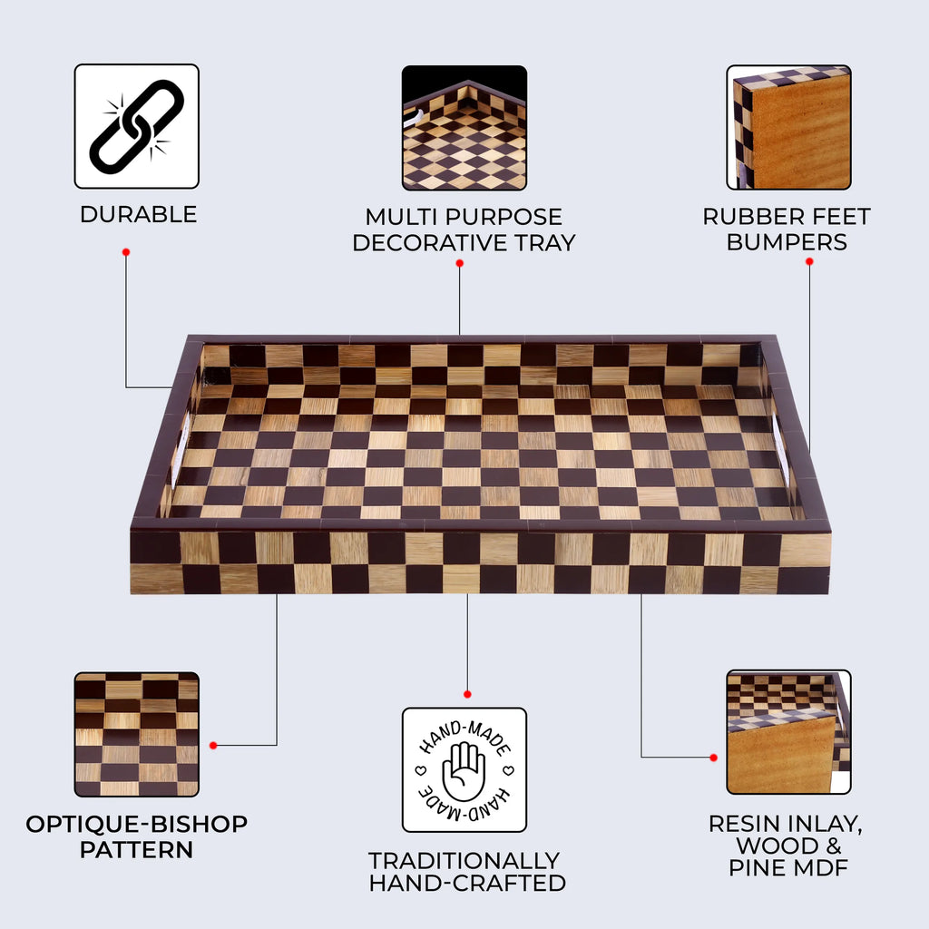 Brown Checkered Wood & Resin Decorative Tray | 17x11