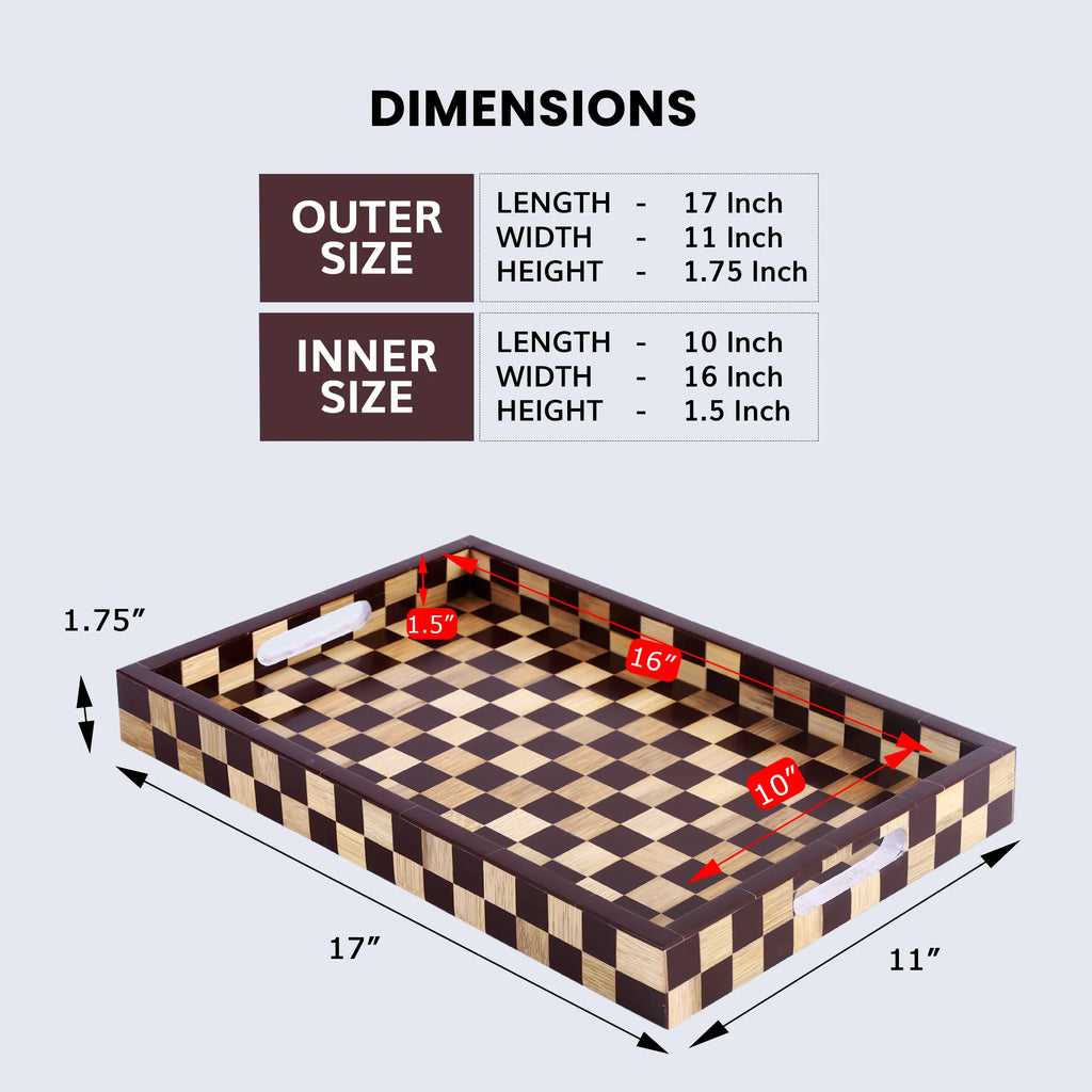 Brown Checkered Wood & Resin Decorative Tray | 17x11