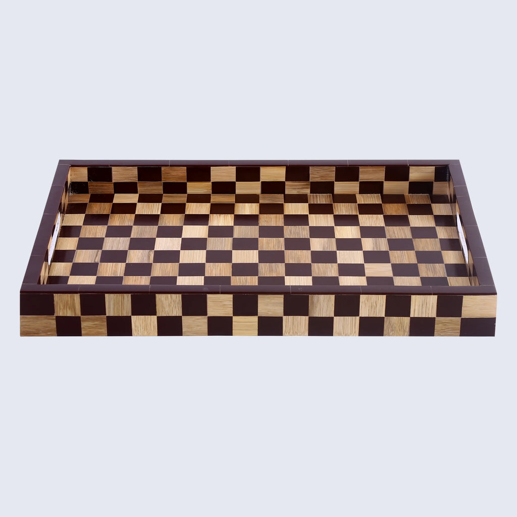 Brown Checkered Wood & Resin Decorative Tray | 17x11