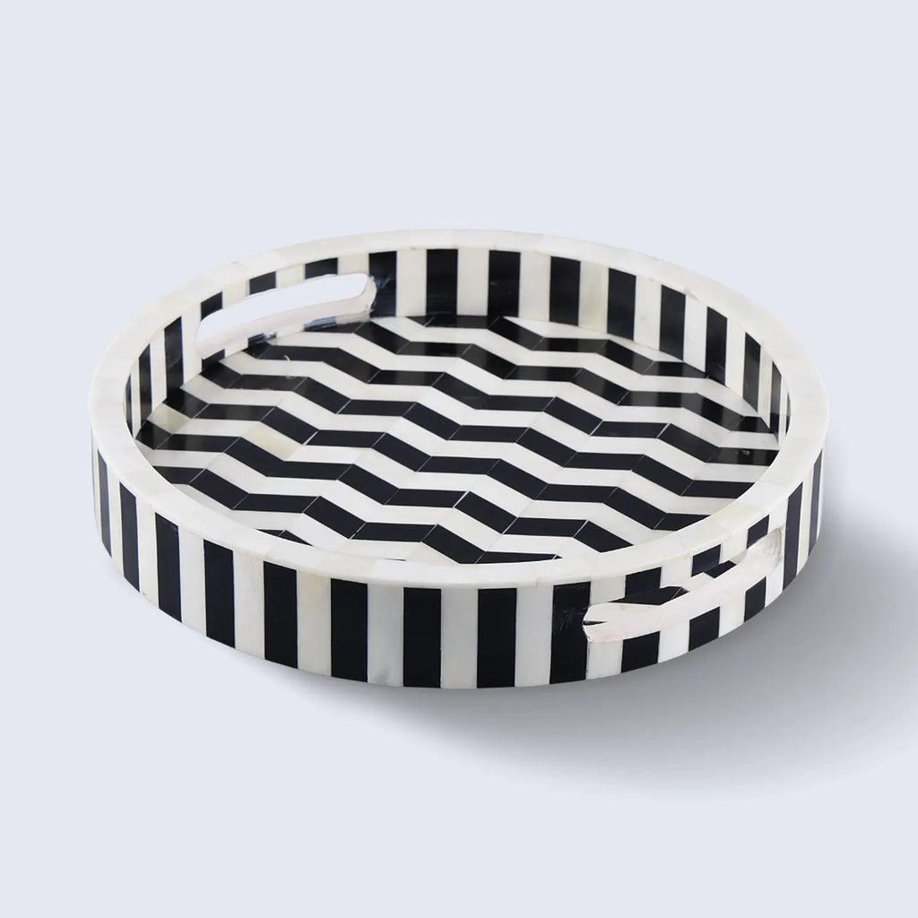 Athens Dinami Black & White Round Inlay Tray | 12"