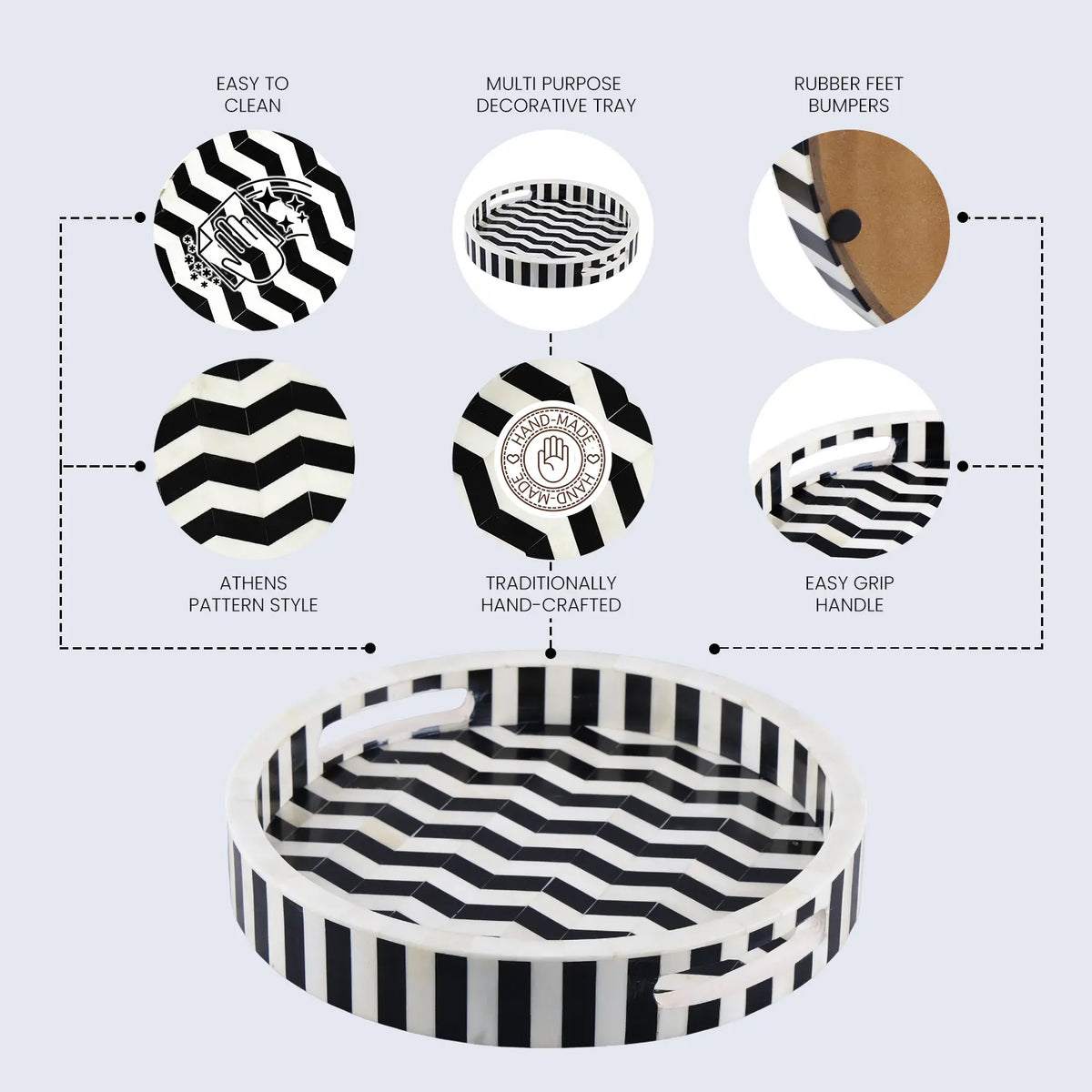 Athens Dinami Black & White Round Inlay Tray | 12"