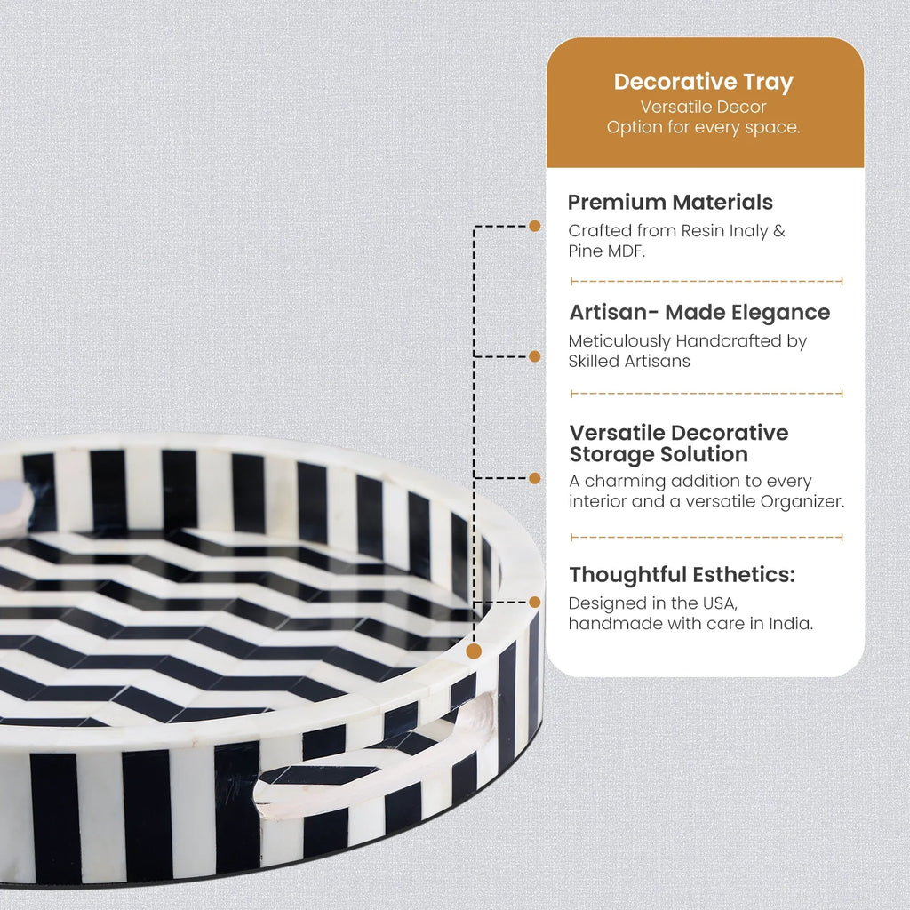 Athens Dinami Black & White Round Inlay Tray | 12"