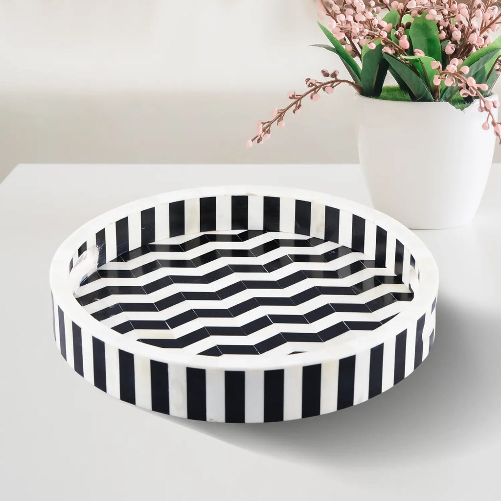 Athens Dinami Black & White Round Inlay Tray | 12"