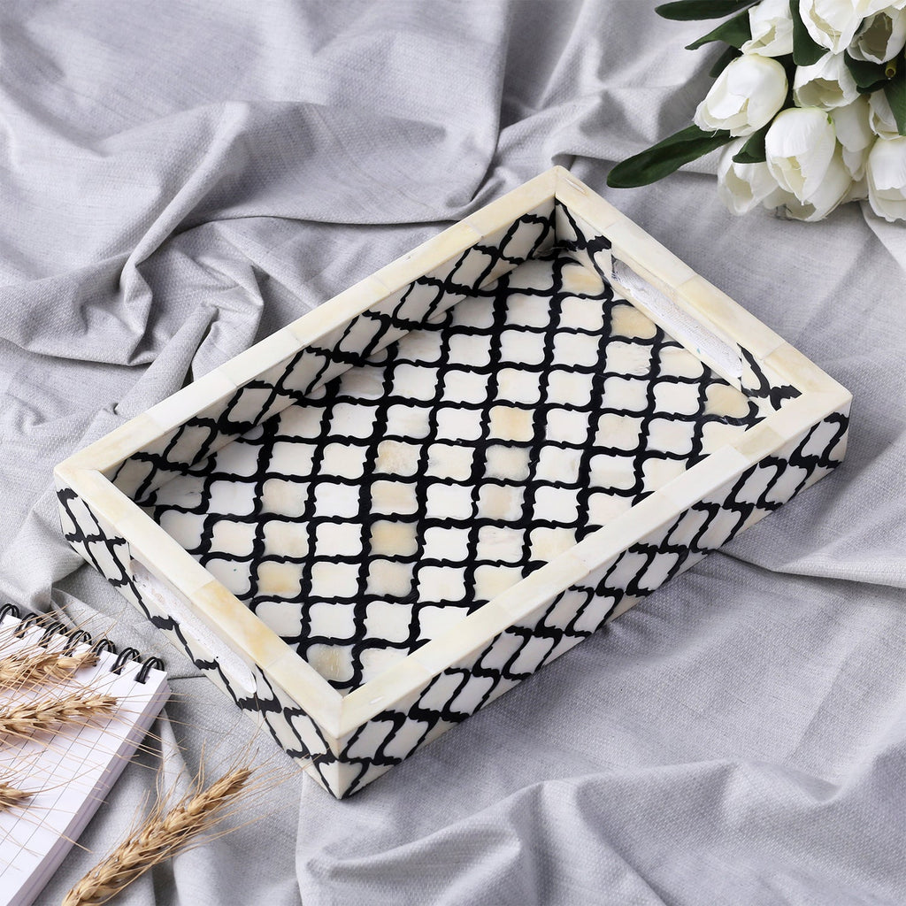 Moroccan Black & White Bone Inlay Decorative Tray | 3 Sizes