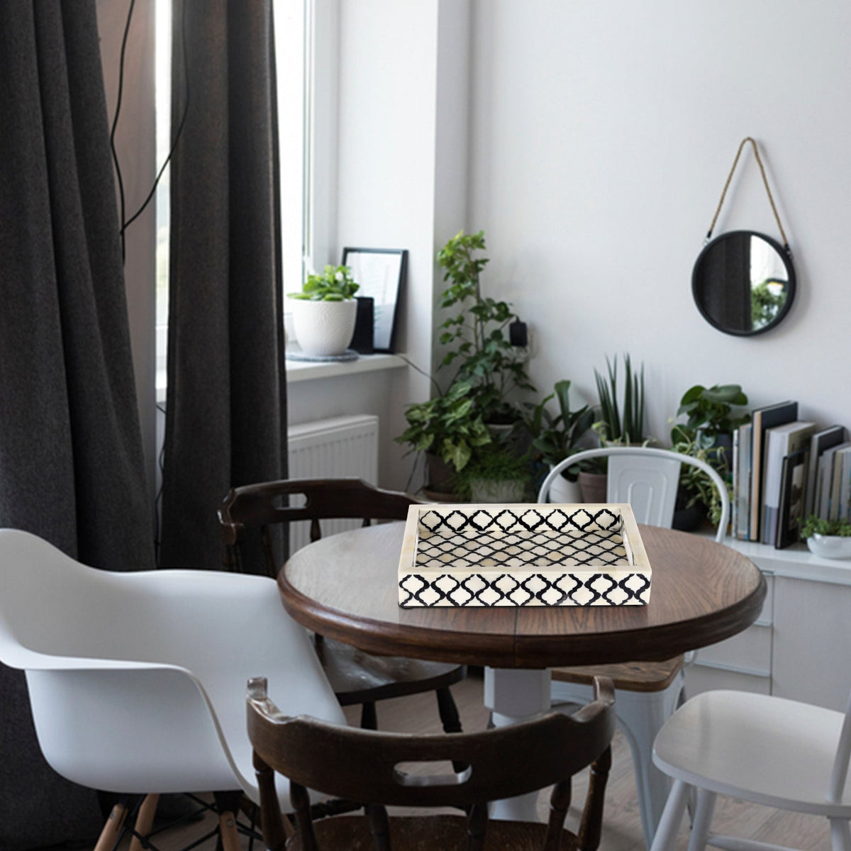 Moroccan Black & White Bone Inlay Decorative Tray | 3 Sizes