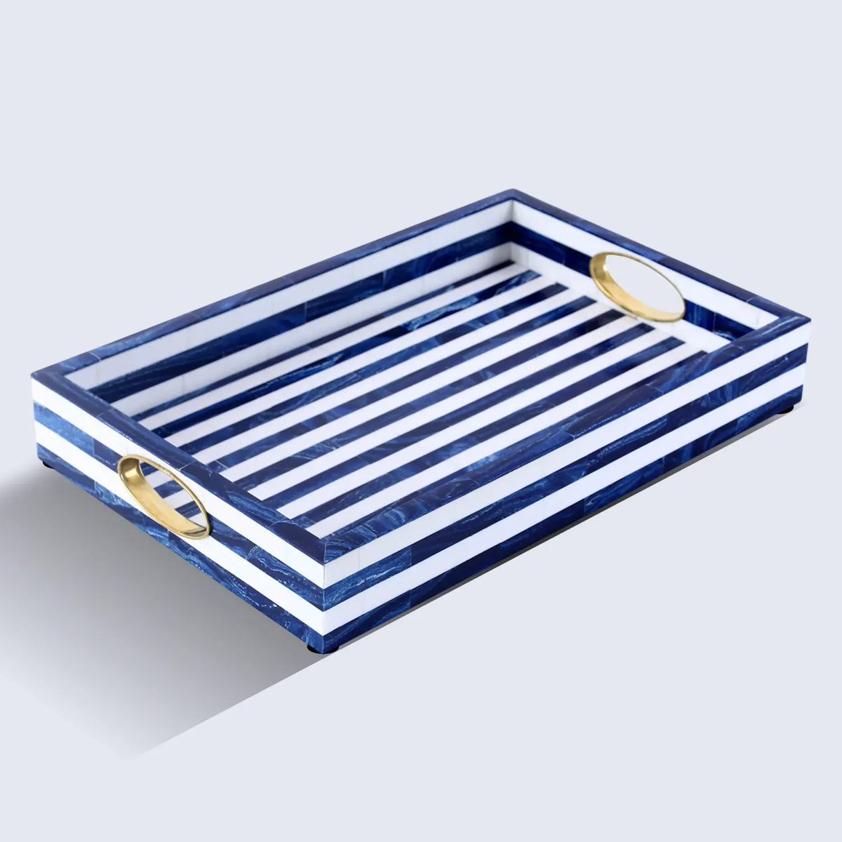 Blue & White Resin Inlay Tray with Brass Handles | 17x11