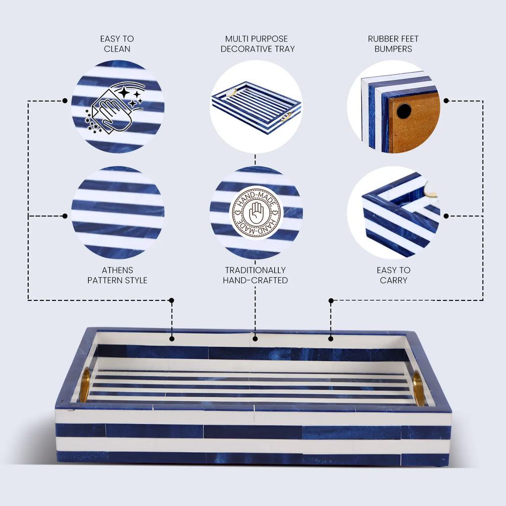 Blue & White Resin Inlay Tray with Brass Handles | 17x11