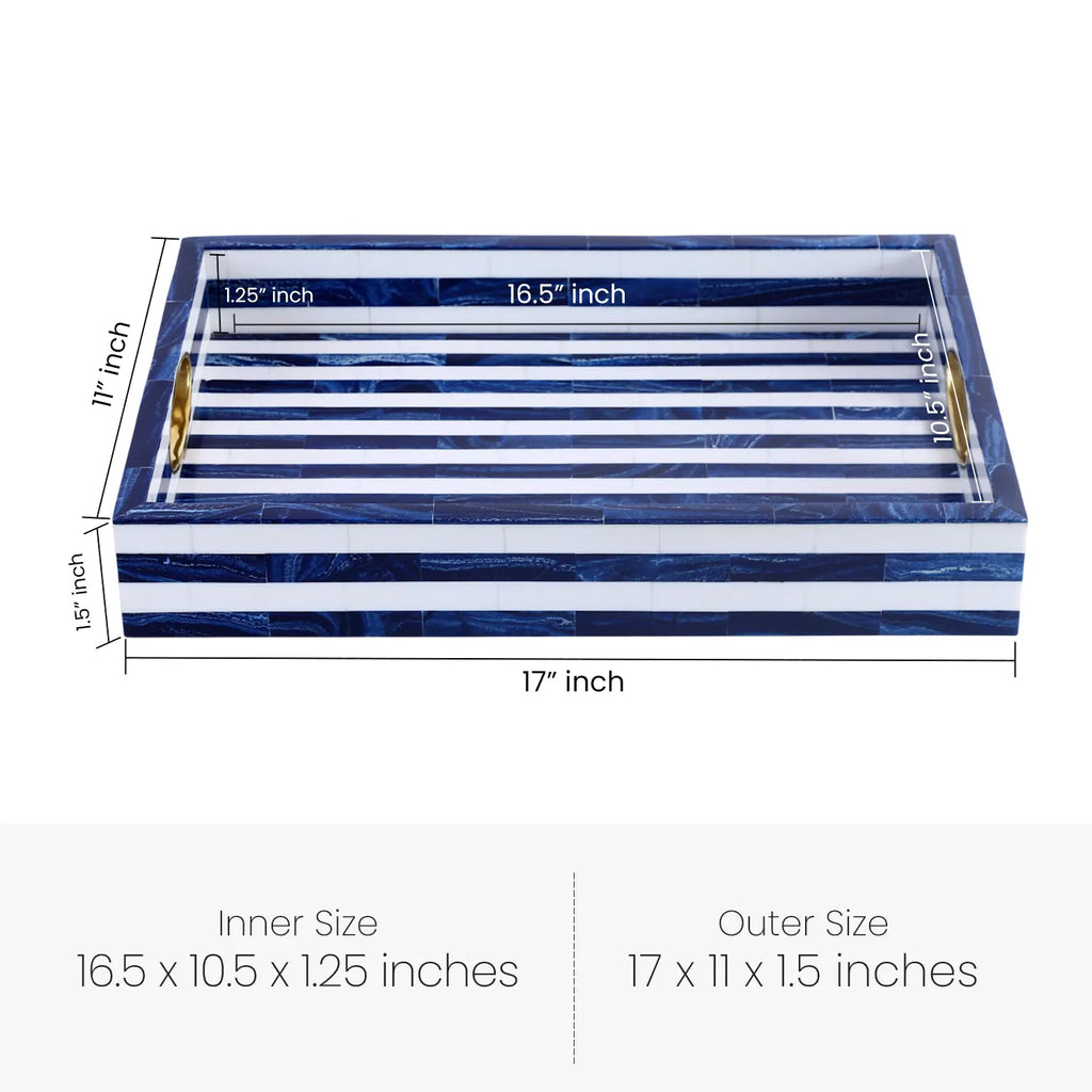 Blue & White Resin Inlay Tray with Brass Handles | 17x11