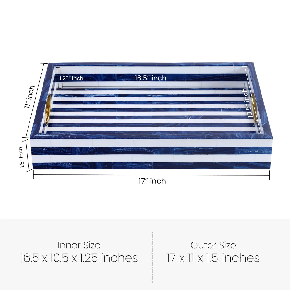 Blue & White Resin Inlay Tray with Brass Handles | 17x11