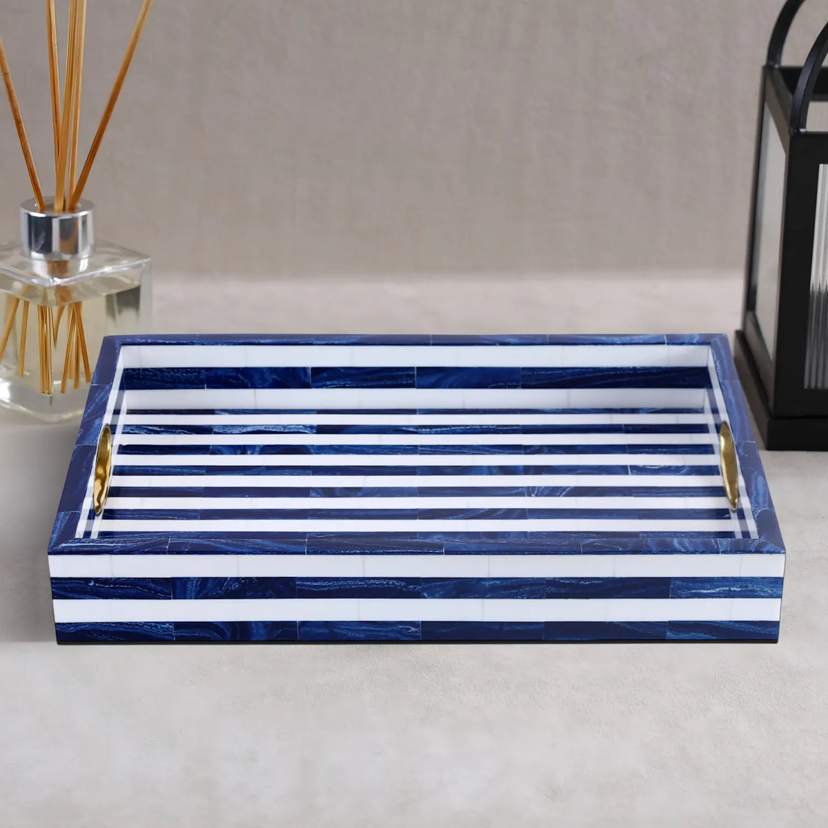 Blue & White Resin Inlay Tray with Brass Handles | 17x11