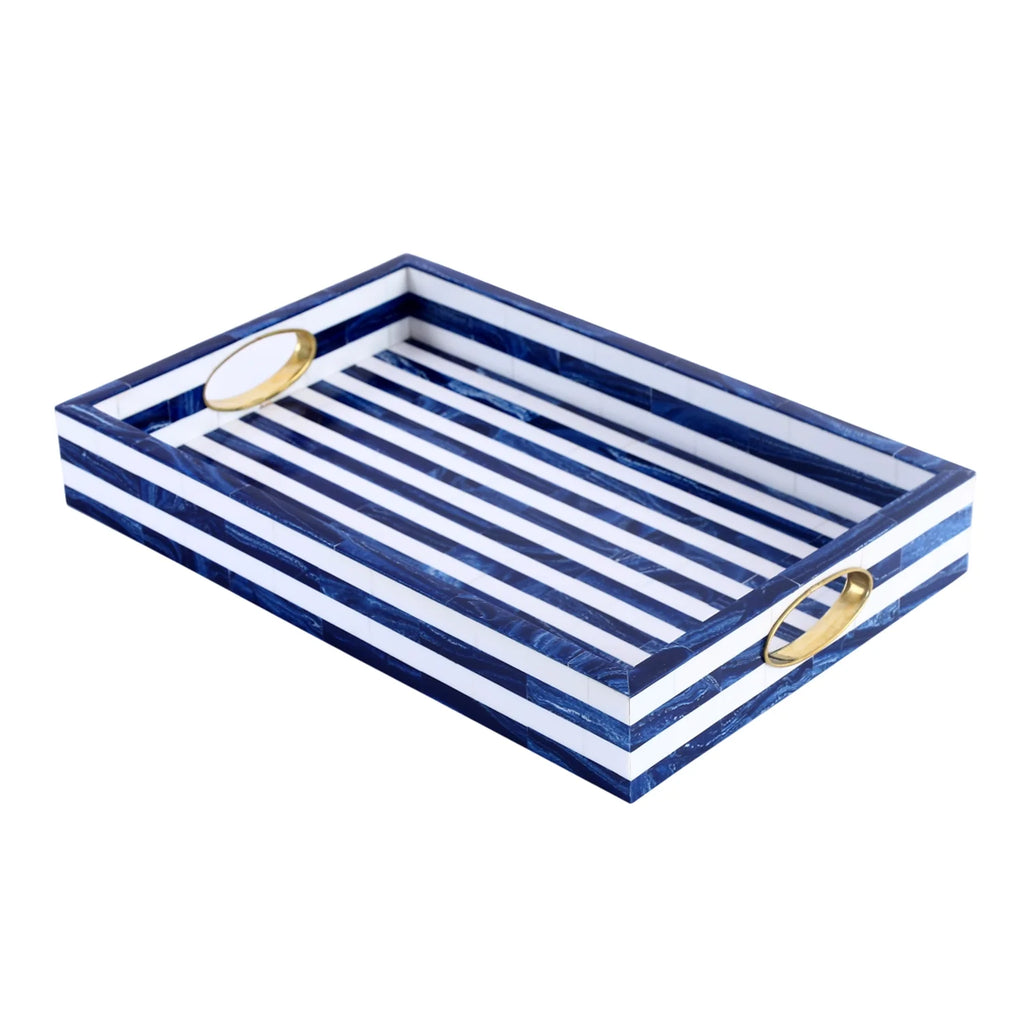 Blue & White Resin Inlay Tray with Brass Handles | 17x11