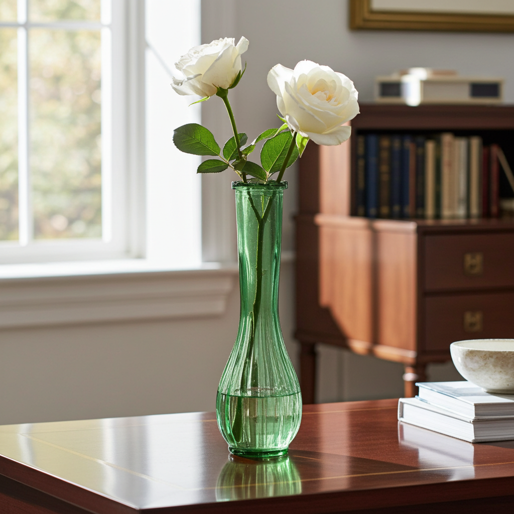 Emerald Ribbed Glass Bud Vase | Scalloped Rim