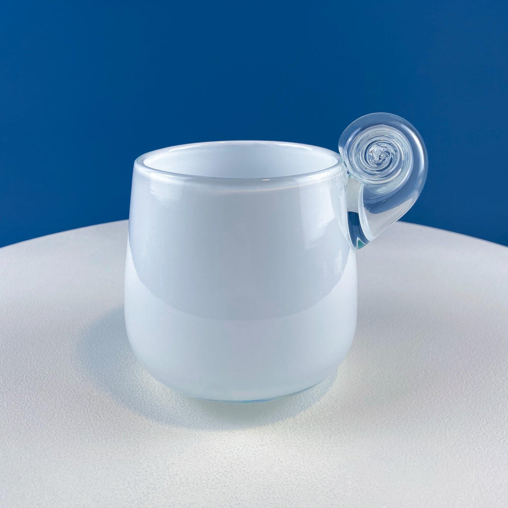 Hand-Blown White & Clear Art Glass Vase | Swirl Handle