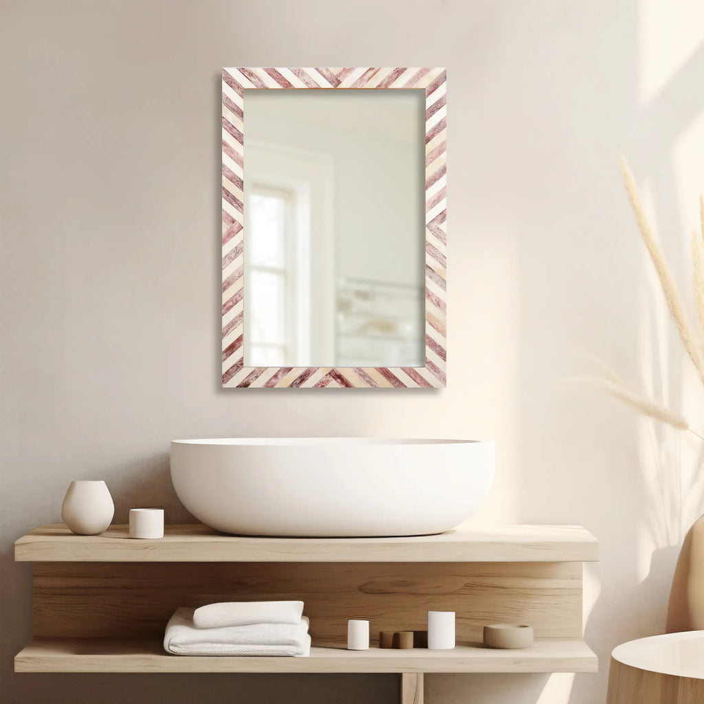 Chevron Brown & White Bone Inlay Wall Mirror | 4 Sizes | Made to Order