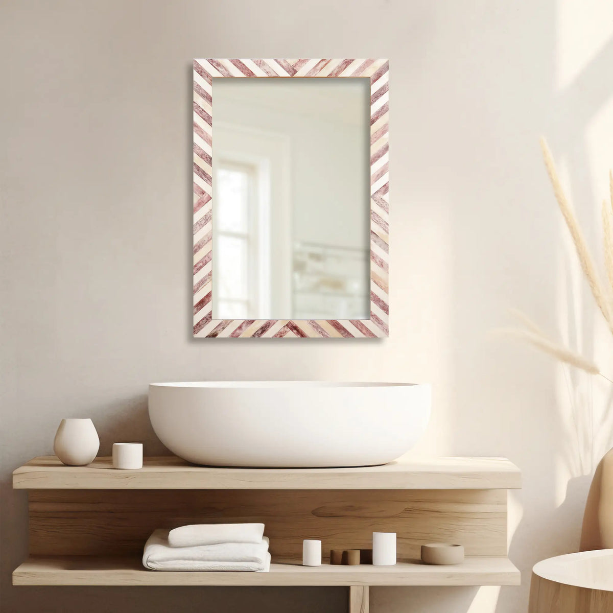 Chevron Brown & White Bone Inlay Wall Mirror | 4 Sizes | Made to Order