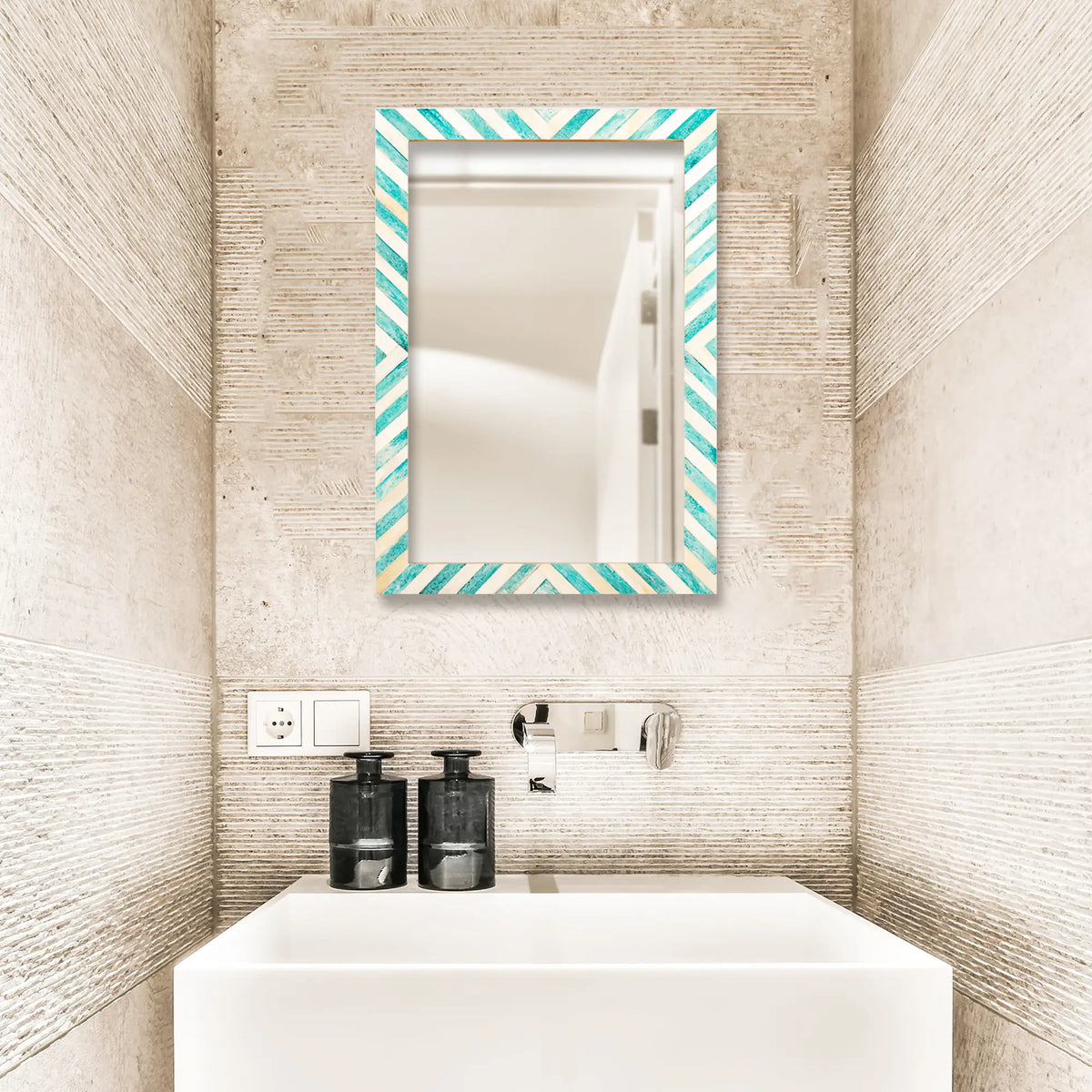 Chevron Green & White Bone Inlay Wall Mirror | 3 Sizes | Made to Order