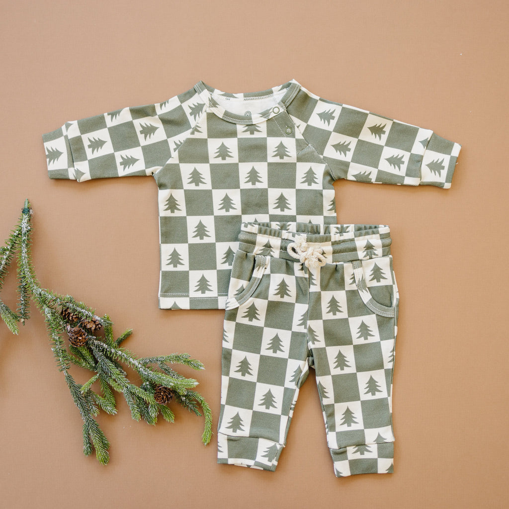 Checkered Christmas Trees Organic Cotton Baby Pajama Set
