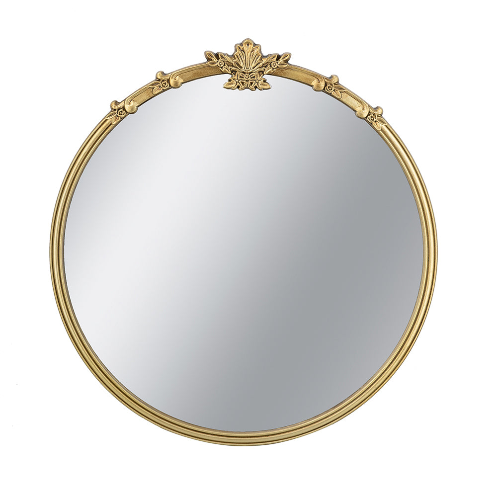 Gold round wall mirror with decorative leaf crest