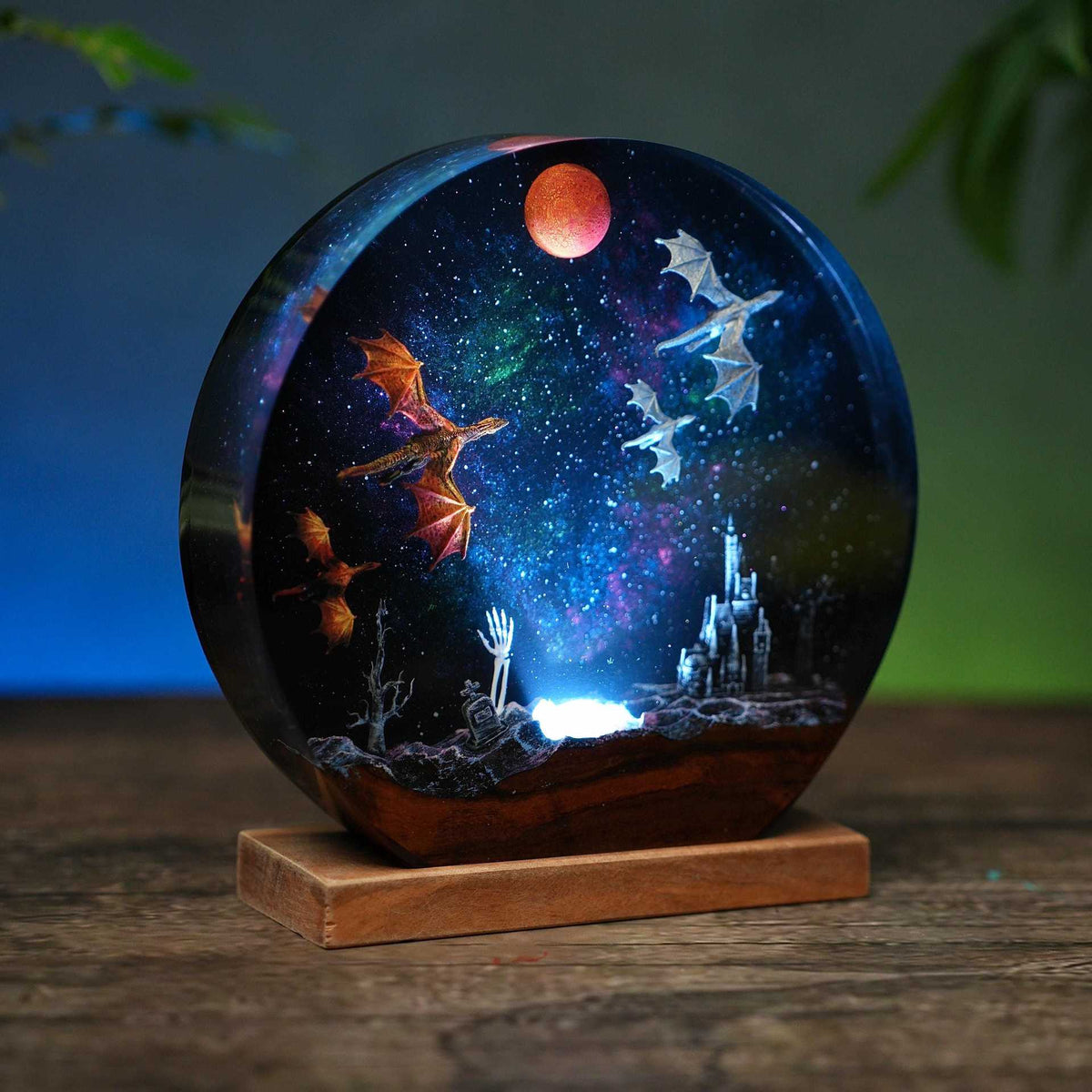 Ice & Fire Dragon Resin Night Lamp | Wood Base | 3 Sizes