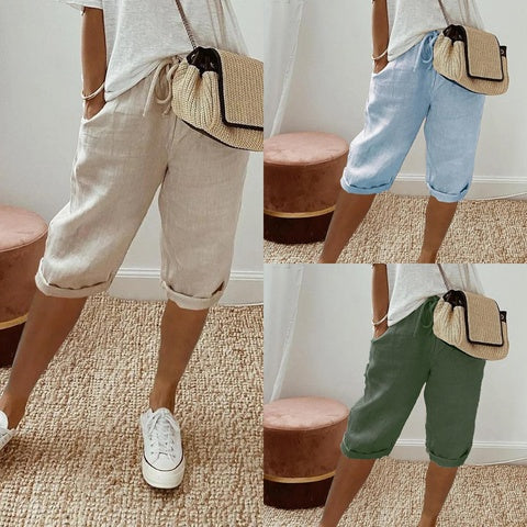 Pantalon Cinquième en Coton et Lin pour Femmes avec Poches et Taille Élastiquée