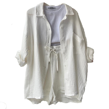 Ensemble Mode Printemps : Chemise à Revers Manche Longue & Short Taille Haute à Cordon – Grande Taille Chic et Décontractée