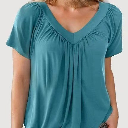 T-shirt Femme Uni à Manches Courtes et Col en V