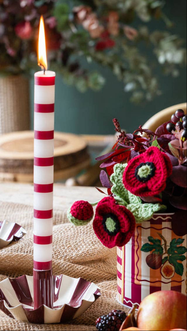 Burgundy & White Striped Dinner Candle – Sold Individually