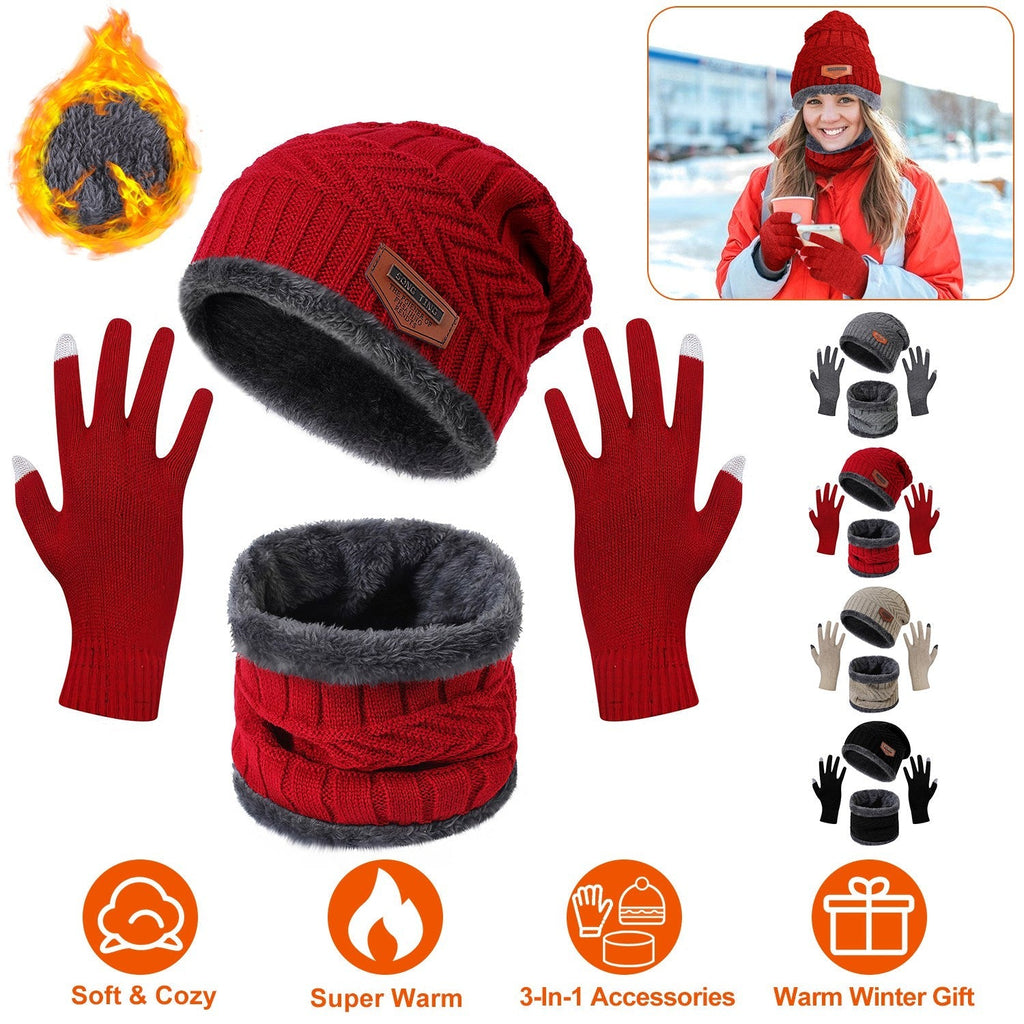 Knit Beanie, Scarf & Touchscreen Gloves 3-Piece Set