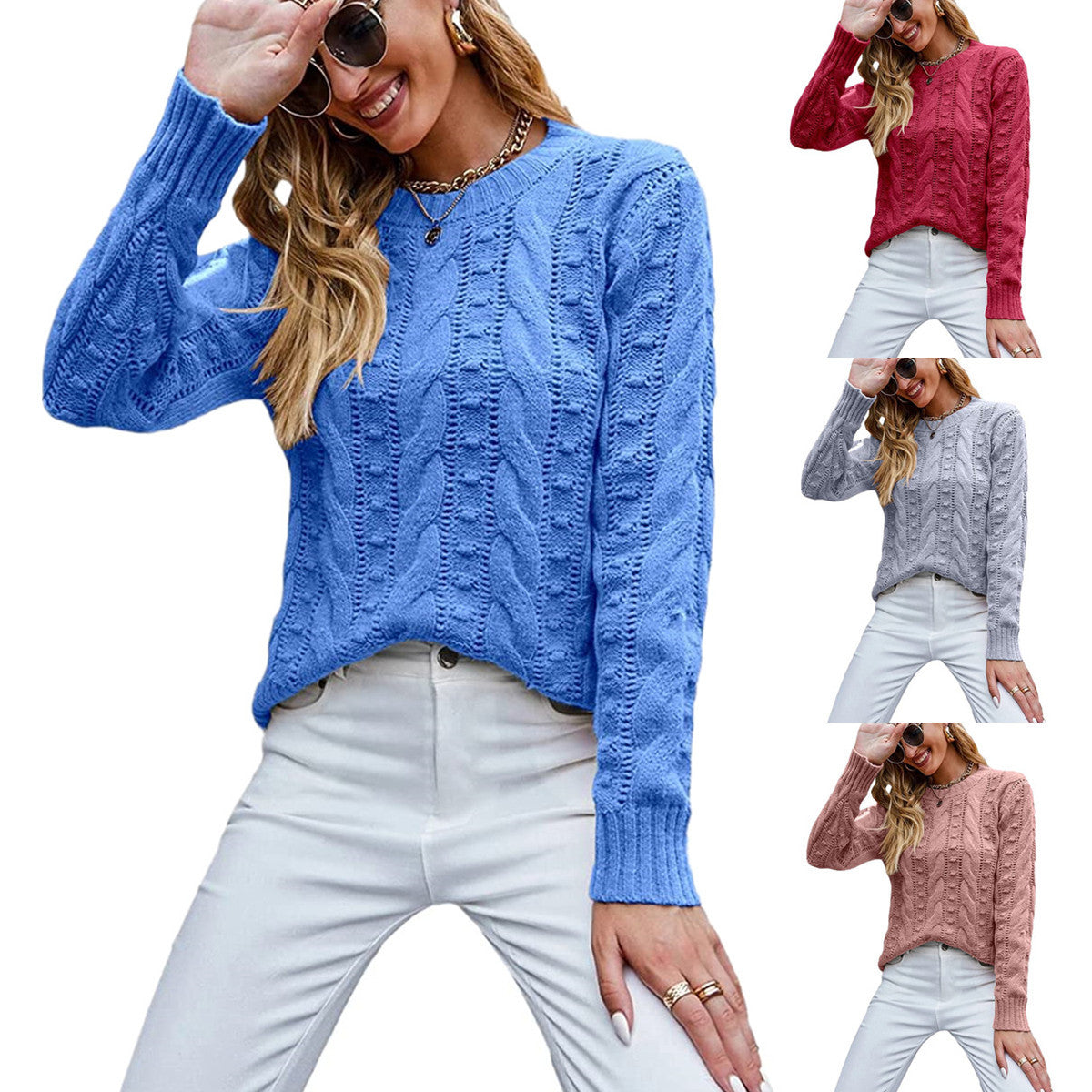 Women's Long Sleeve Cable Knit Pullover Sweater