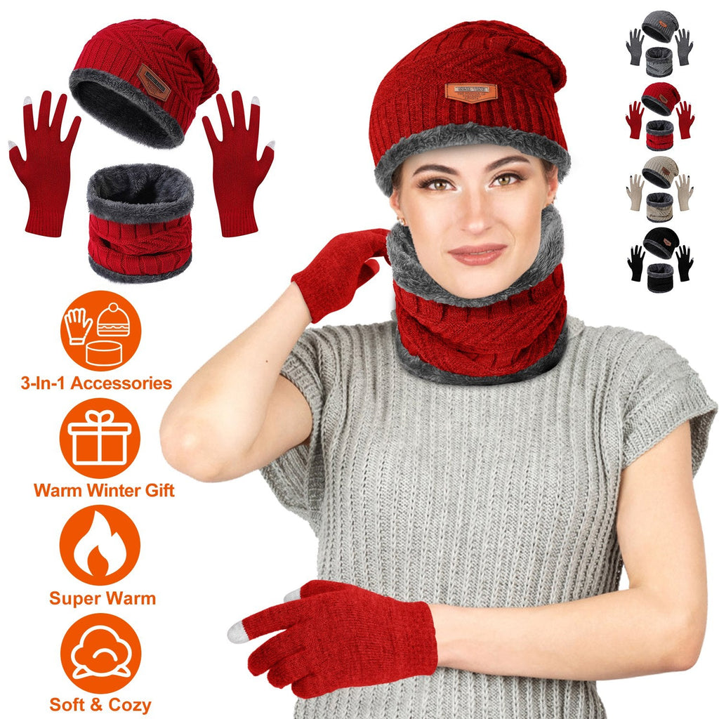 Knit Beanie, Scarf & Touchscreen Gloves 3-Piece Set