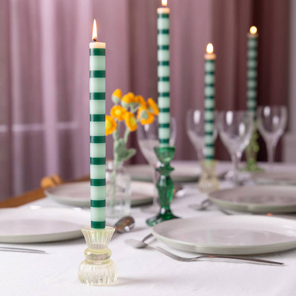 Green Striped Dinner Candles – Holiday Table Decor