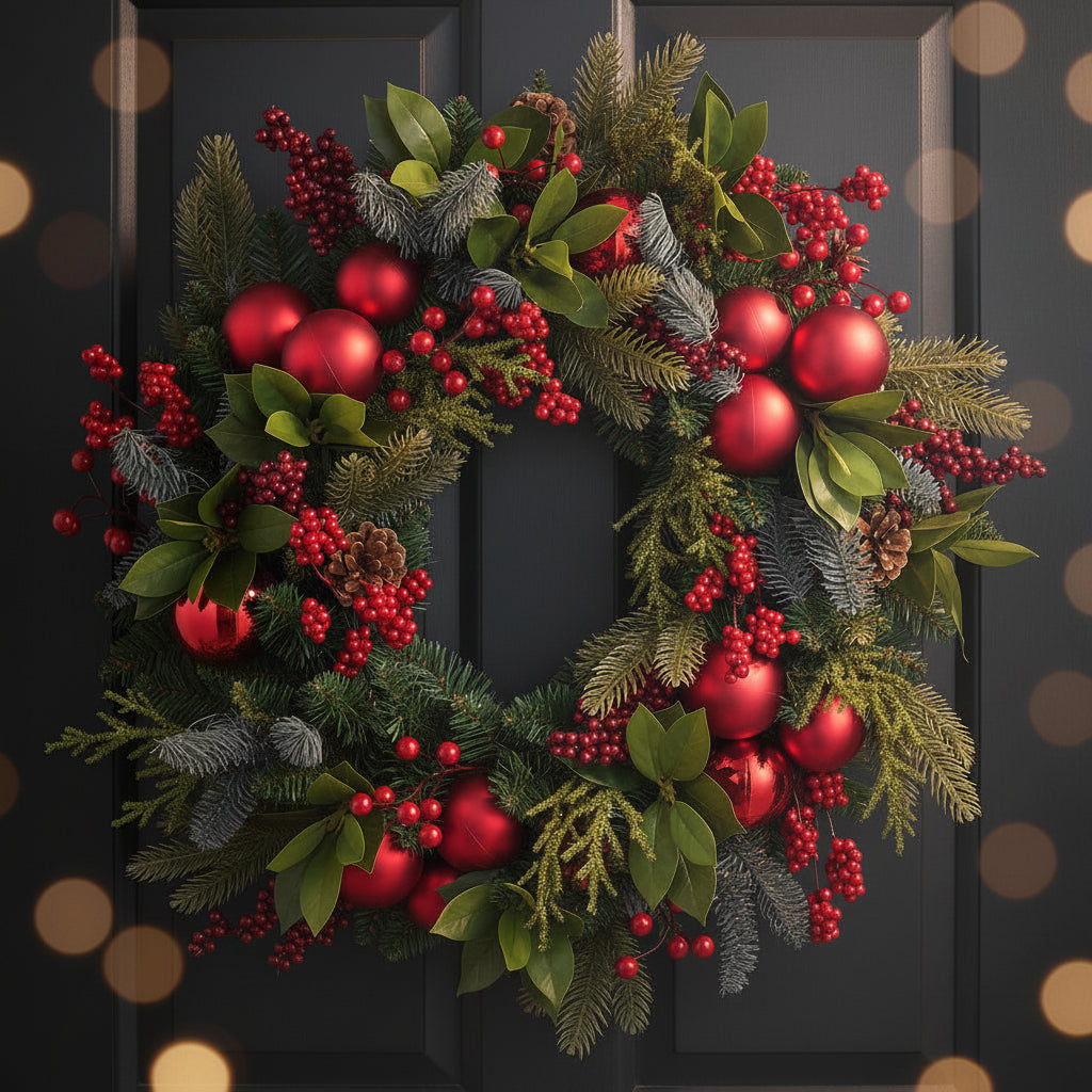 Red Ornament, Berry & Pinecone Christmas Wreath – 24"