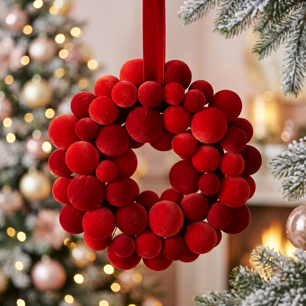 Red Velvet Two-Tone Ball Ornament Wreath – 24"