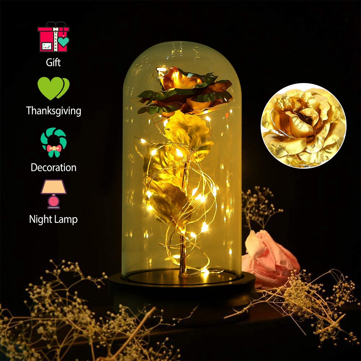 Enchanted Rose LED Lamp in Glass Dome