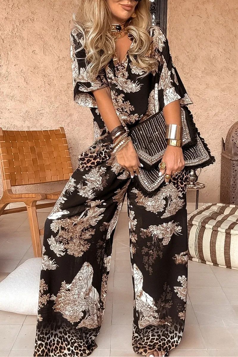 Ensemble Décontracté à Imprimé Élégant – Haut Col V et Pantalon Large