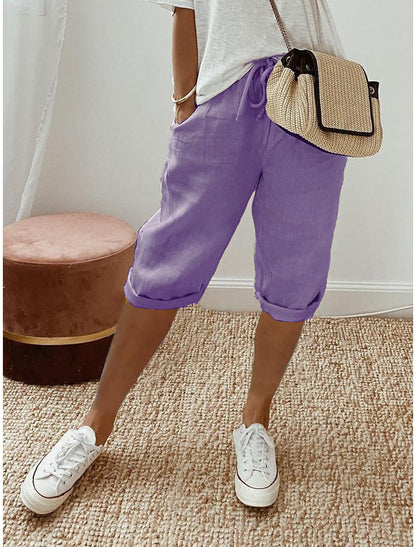 Pantalon Cinquième en Coton et Lin pour Femmes avec Poches et Taille Élastiquée