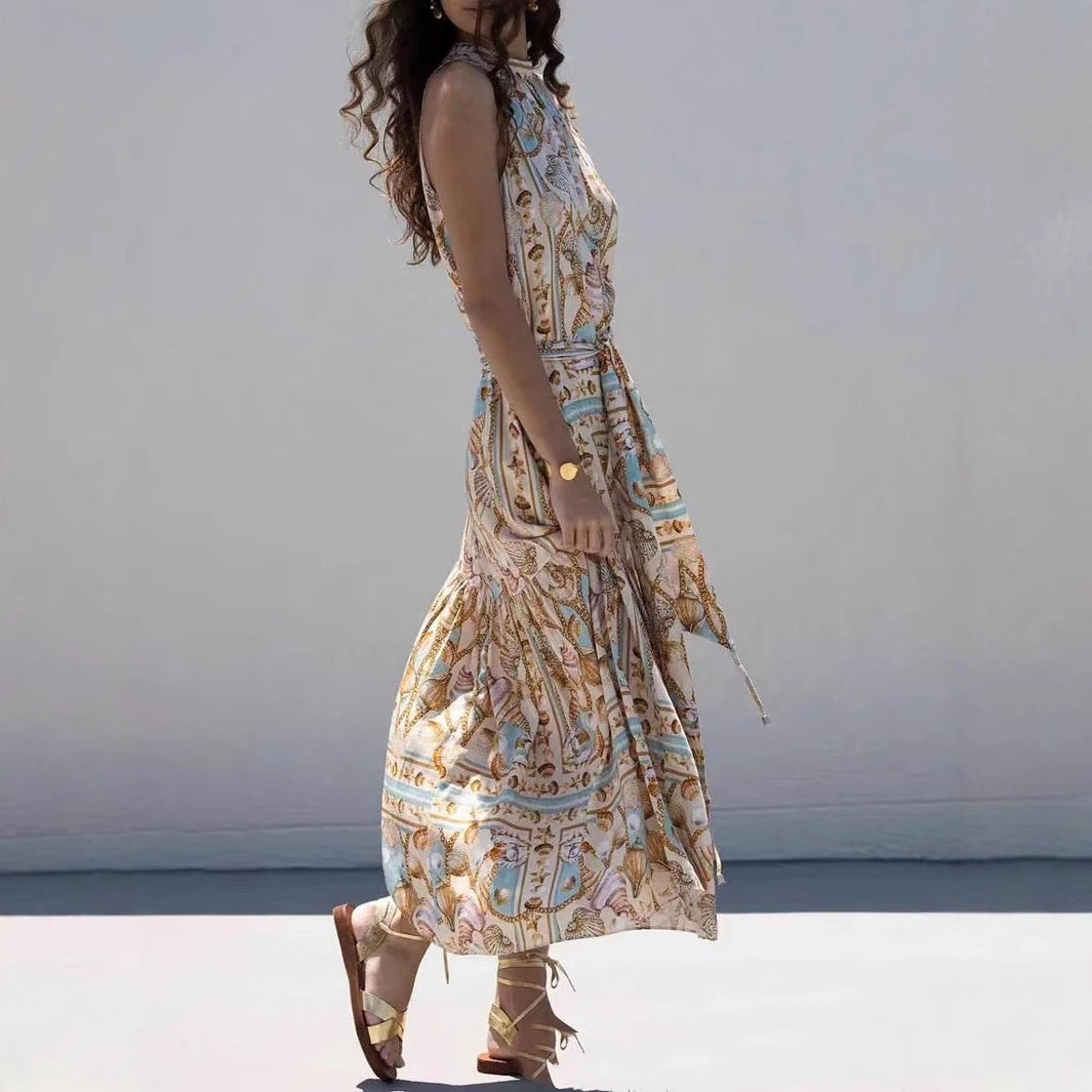 Robe longue bohème à manches longues, col en V, taille haute et imprimé floral
