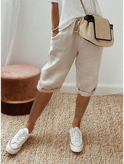 Pantalon Cinquième en Coton et Lin pour Femmes avec Poches et Taille Élastiquée