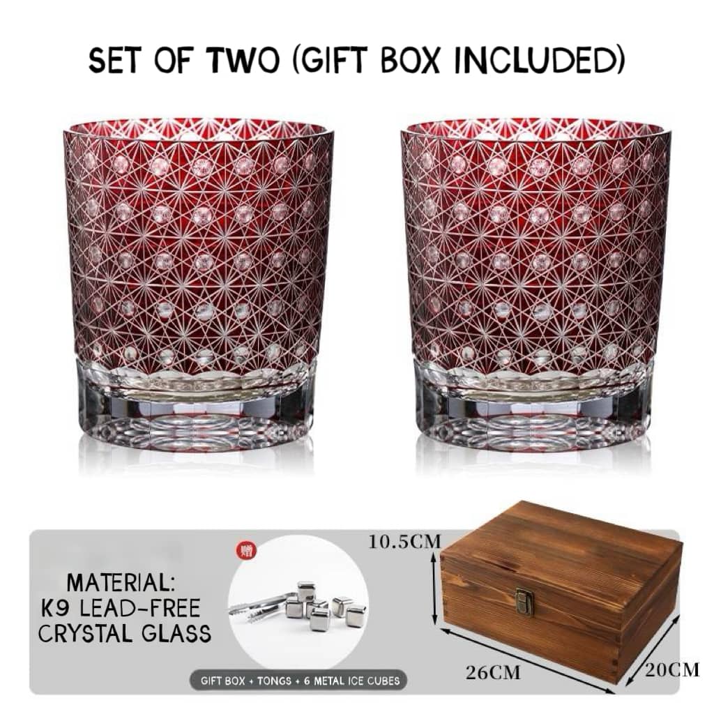 Satsuma Red Kiriko Crystal Glass | Chrysanthemum Cut | Single or Pair
