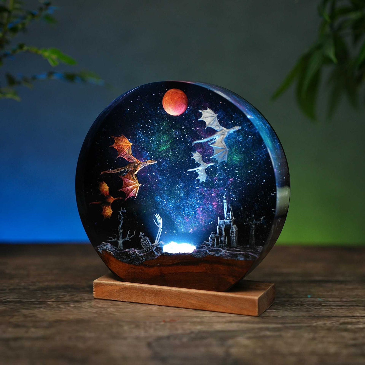 Ice & Fire Dragon Resin Night Lamp | Wood Base | 3 Sizes
