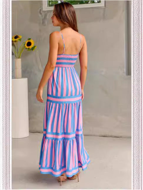 Robe Longue à Bretelles Rayée d'Été avec Poches