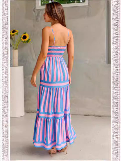 Robe Longue à Bretelles Rayée d'Été avec Poches