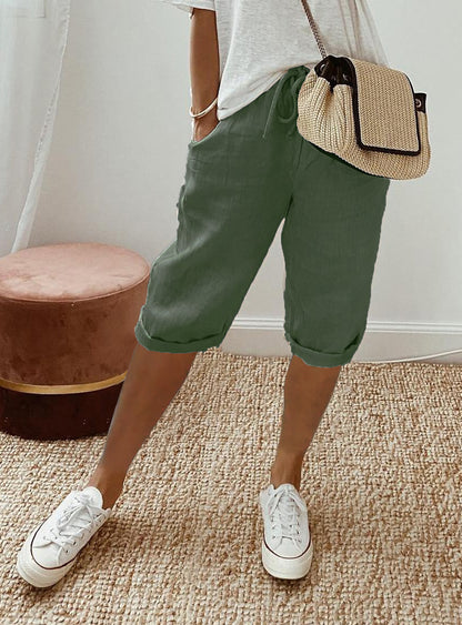 Pantalon Cinquième en Coton et Lin pour Femmes avec Poches et Taille Élastiquée